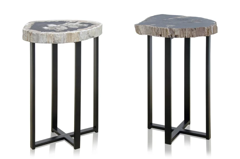 Casa Padrino Luxus Beistelltisch Braun 56 x 43 x H. 60 cm - Beistelltisch mit Tischplatte aus versteinertem Holz und schwarzem Eisenfuß - Luxus Möbel