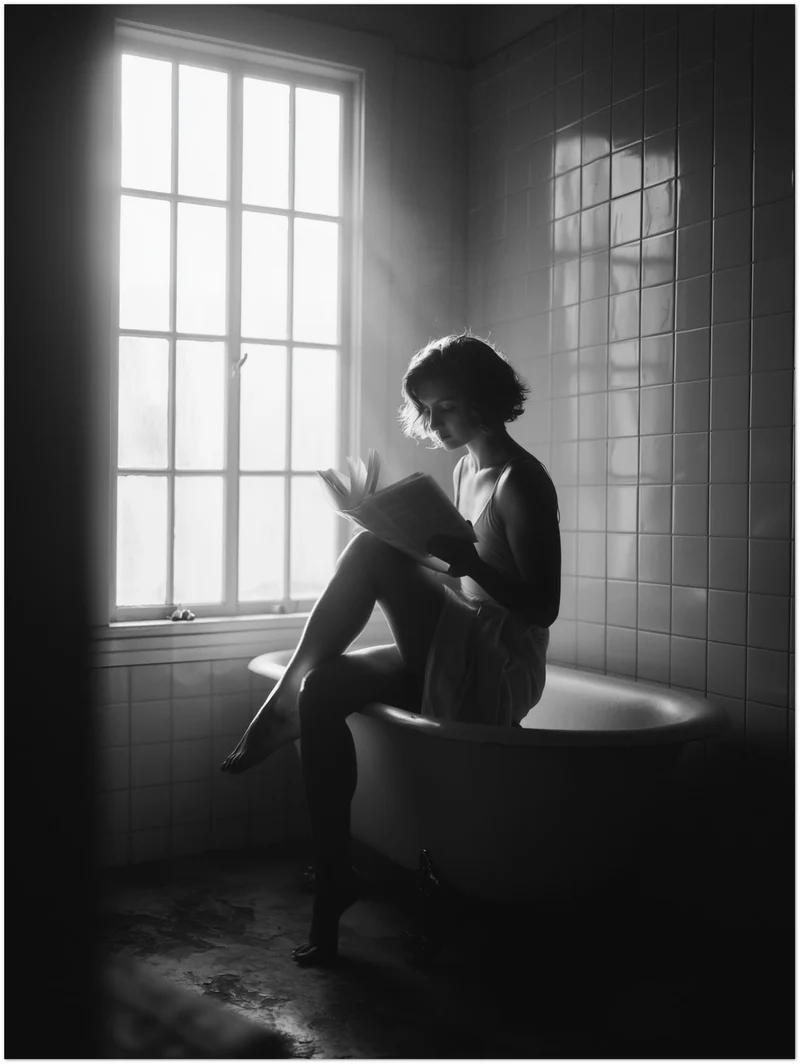 Frau liest Buch Badewanne Leinwand