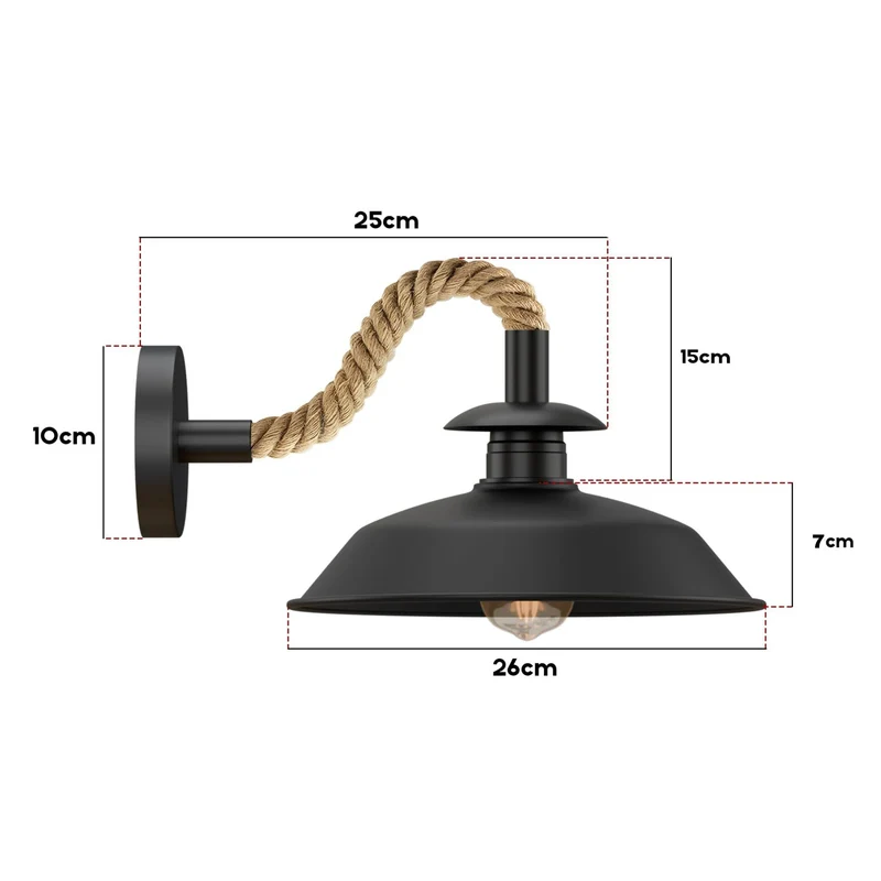 Ledsone wandleuchte schwarz hanfseil ~3527