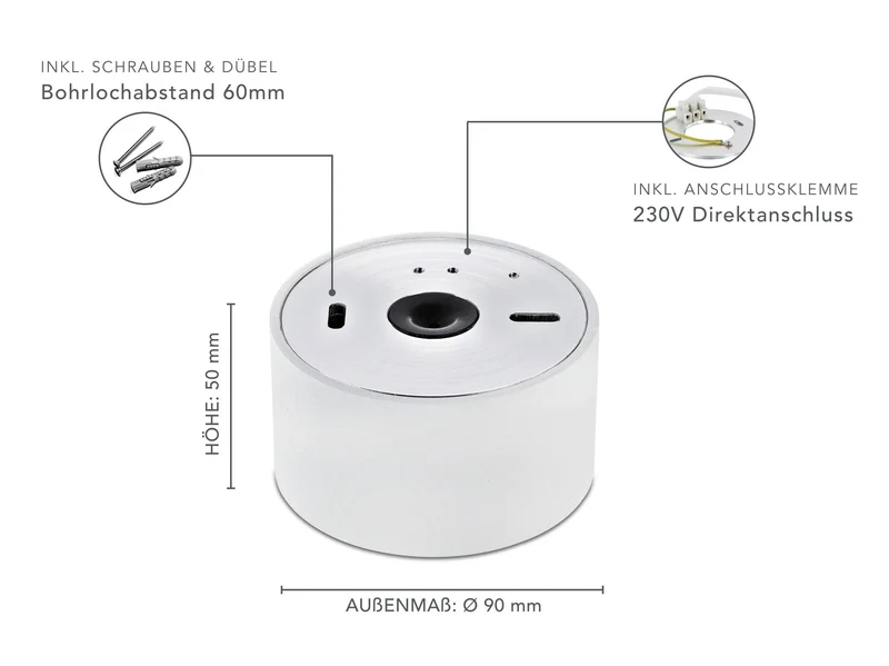 LED Aufbaustrahler IP44 Flach in Weiß Rund 230V 5W Dimmbar 120° - Tablo