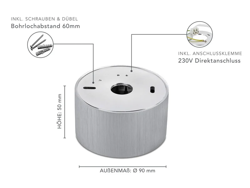 LED Aufbaustrahler Flach - Alu gebürstet Rund 230V 5W Dimmbar 120° - Tablo