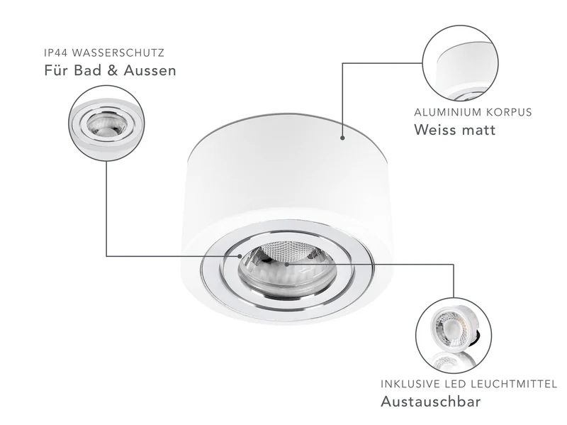 LED Aufbaustrahler IP44 Flach - Weiß mit Chromring 230V 5W Dimmbar - Tablo