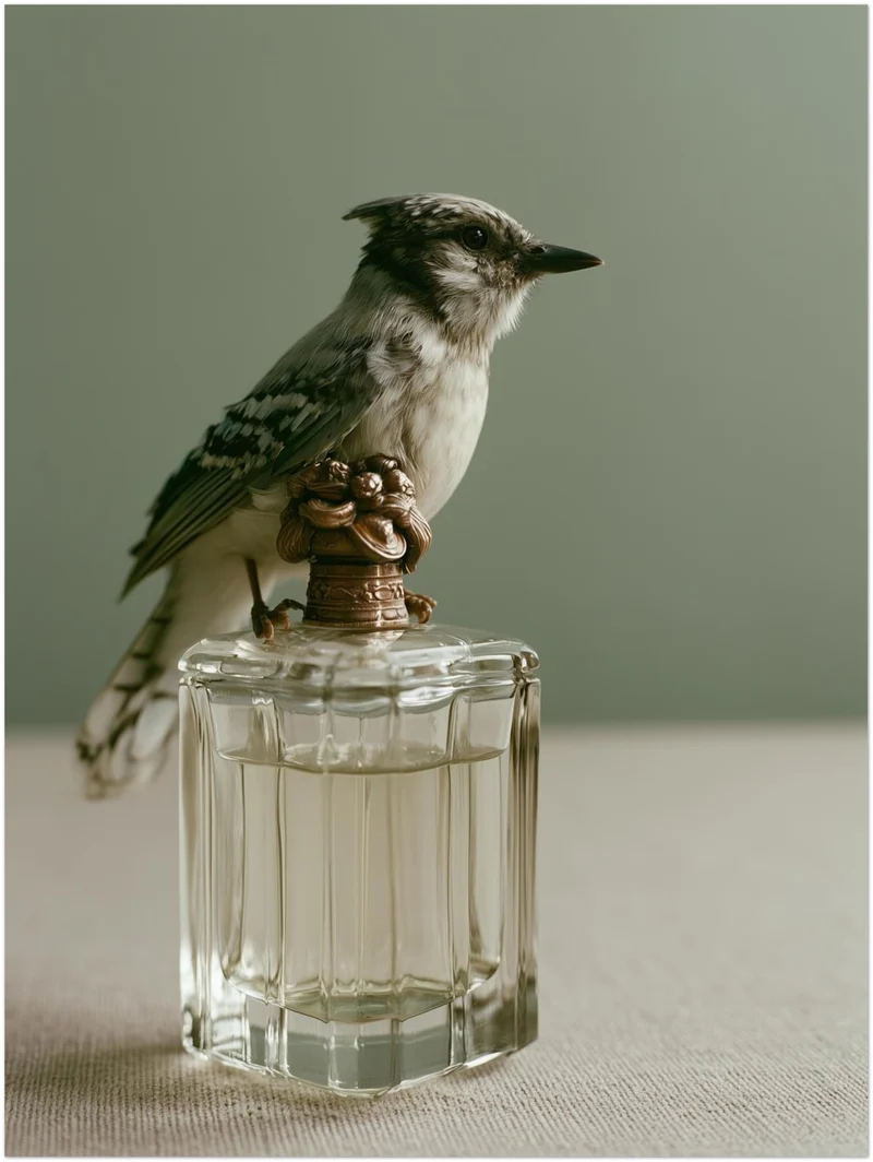 Vogel auf Parfumflasche Leinwand