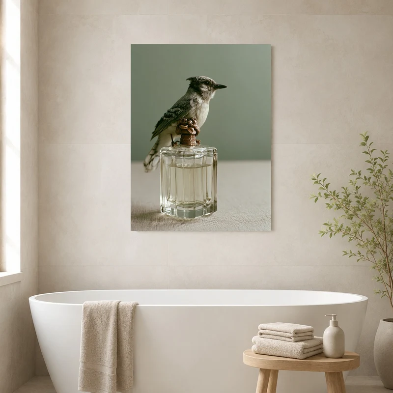 Vogel auf Parfumflasche Poster