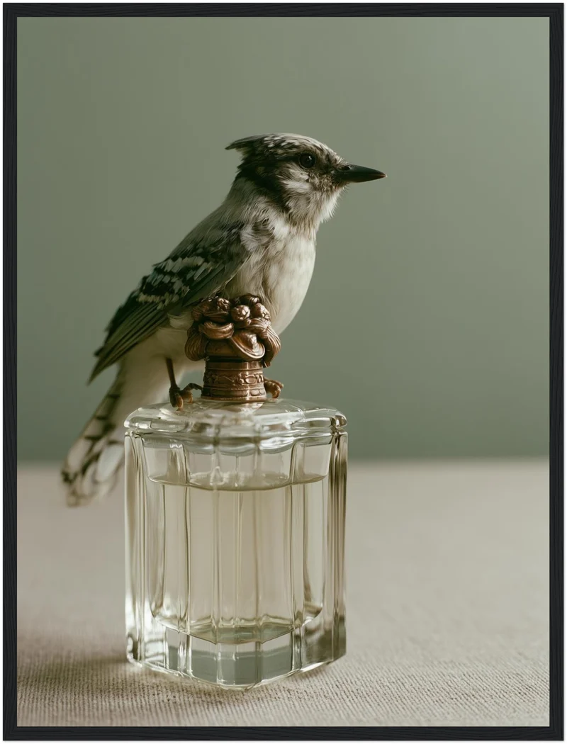 Vogel auf Parfumflasche Poster