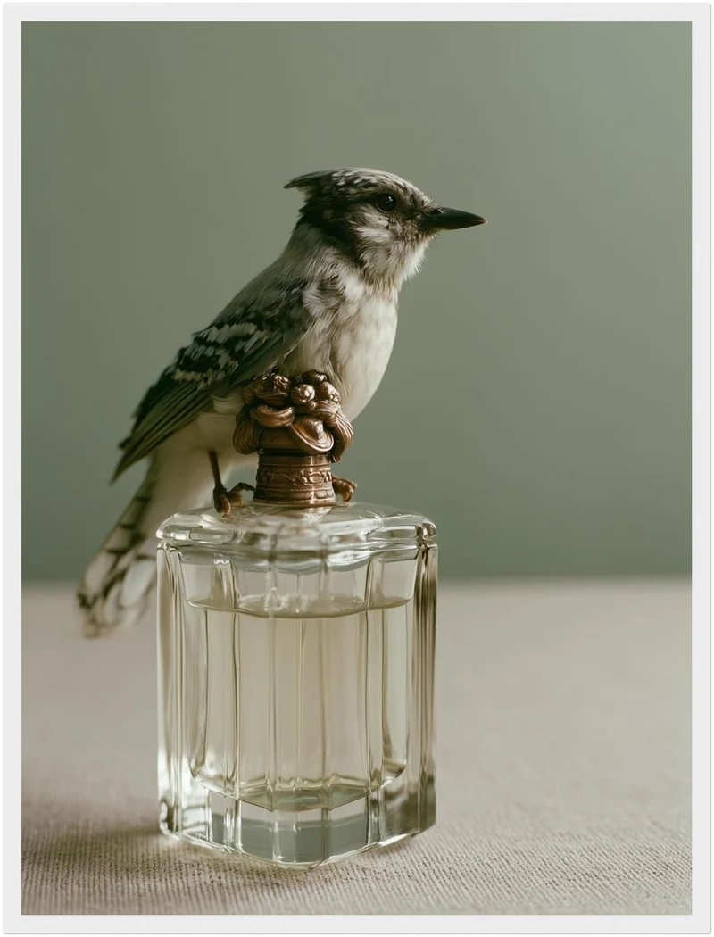 Vogel auf Parfumflasche Poster
