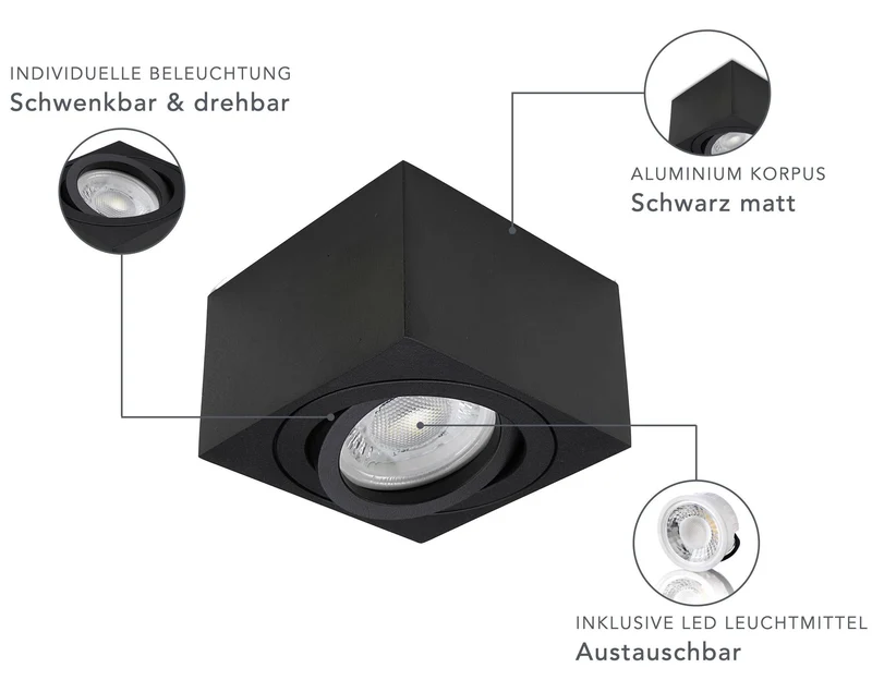 LED Aufbaustrahler Flach - Schwarz Eckig 230V 5W Dimmbar - Tablo