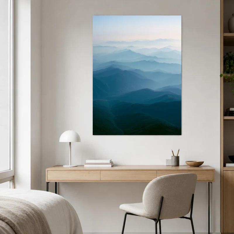 Blaue Bergwellen im Nebel Leinwand