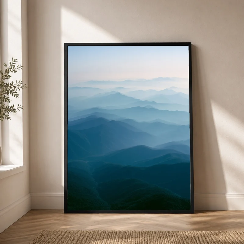 Blaue Bergwellen im Nebel Poster