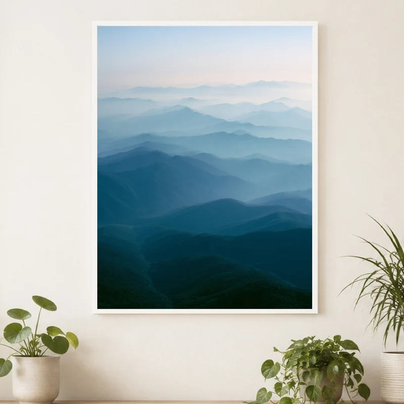 Blaue Bergwellen im Nebel Poster