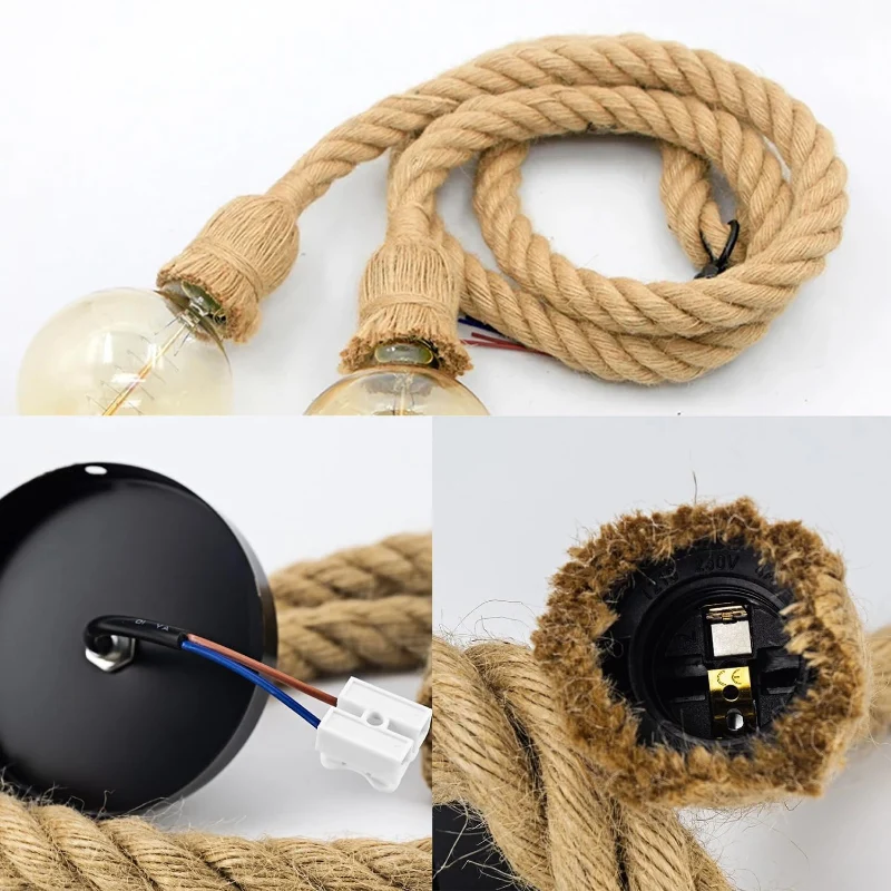 Vintage Hanfseil Pendelleuchte 2-Kopf Seillampe ~3483