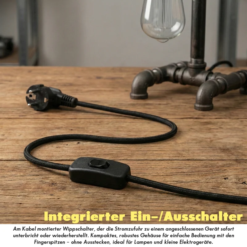 2m Textilkabel Schwarz mit Schalter | DIY Lampen-Zubehör 3-adrig ~3502
