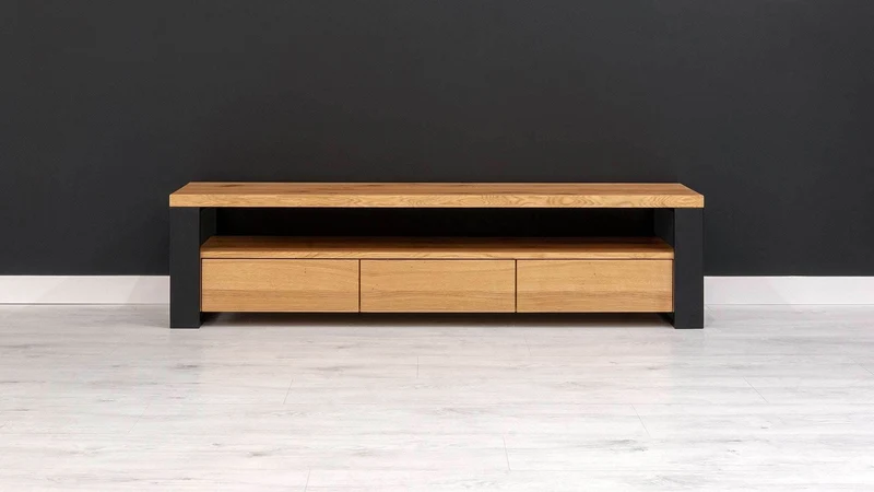 Industrial TV-board aus massiver Eiche in verschiedenen Größen | Schlankes Sideboard Horizon mit drei Schubladen