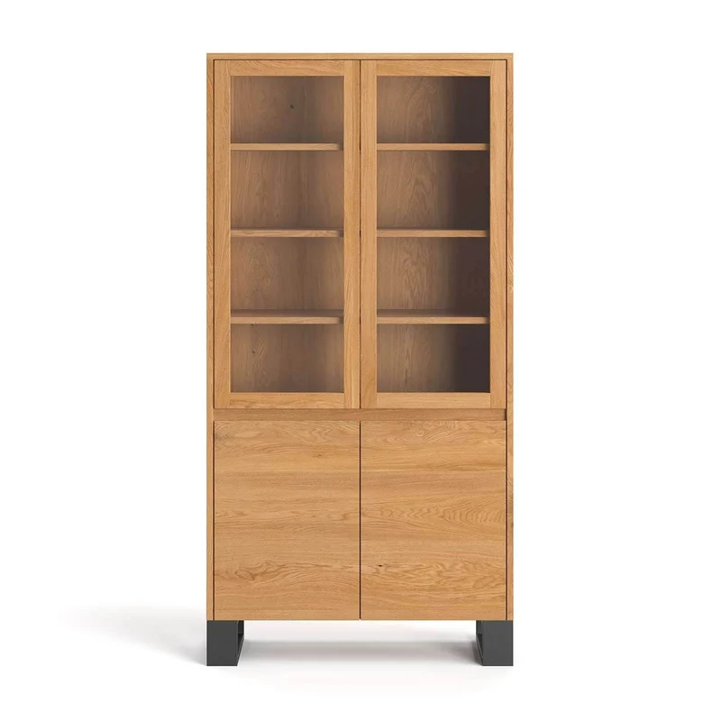 Großer Industrial Schrank aus massiver Eiche | Viertürige Vitrine Horizon mit viel Stauraum