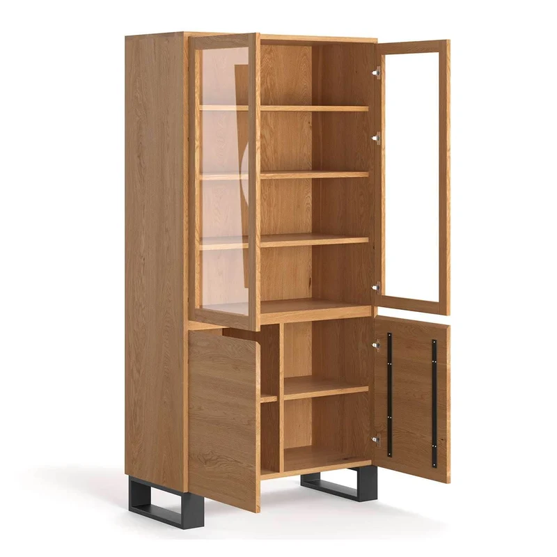 Großer Industrial Schrank aus massiver Eiche | Viertürige Vitrine Horizon mit viel Stauraum