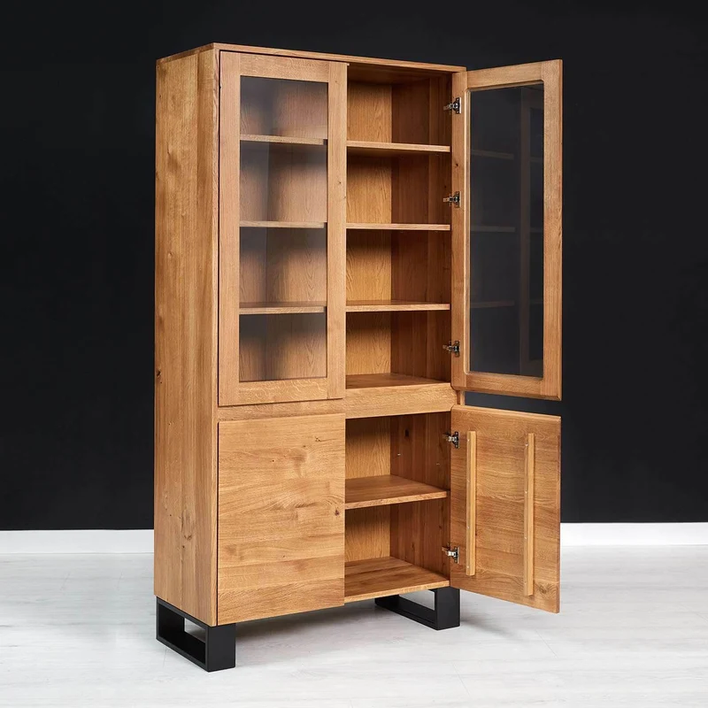 Großer Industrial Schrank aus massiver Eiche | Viertürige Vitrine Horizon mit viel Stauraum