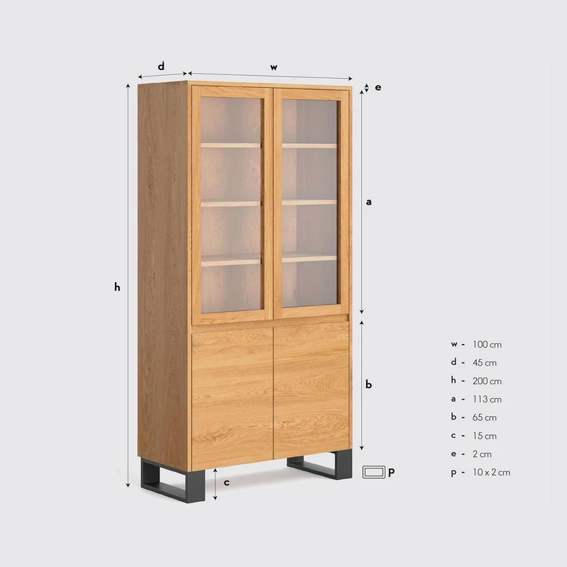 Großer Industrial Schrank aus massiver Eiche | Viertürige Vitrine Horizon mit viel Stauraum