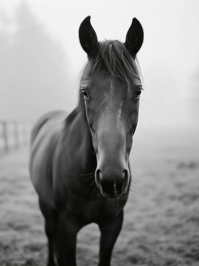 Dunkles Pferd im Nebel Leinwand