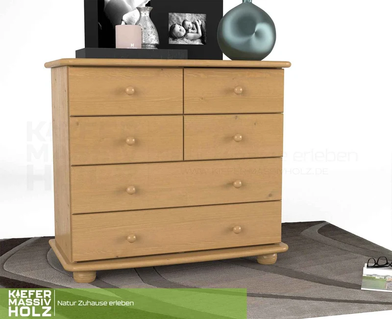 Claudia Kommode Bio Kiefer Massivholz | Sideboard mit 6 Schubladen | Anrichte aus 100% nachhaltigem Holz
