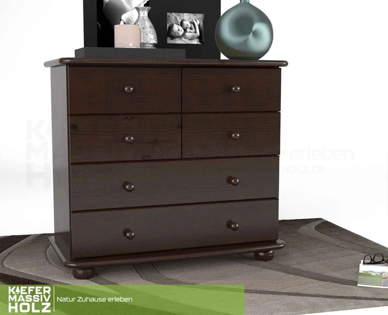 Claudia Kommode Bio Kiefer Massivholz | Sideboard mit 6 Schubladen | Anrichte aus 100% nachhaltigem Holz