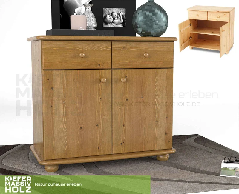 Claudia Kommode Bio Kiefer Massivholz | Sideboard Anrichte | 2-Türig mit 2-Schubladen