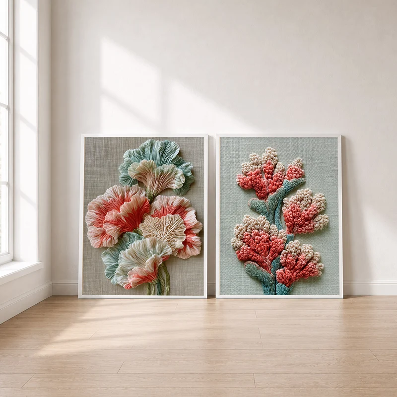 Stickerei Poster Set – Blüten in Pastell (2er)