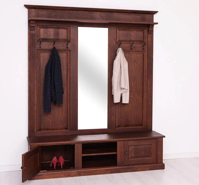 Große Garderobe aus massiver Eiche mit Kleiderhaken, Spiegel, Hutablage und Bank