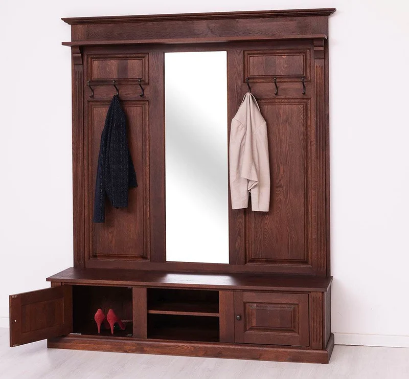 Große Garderobe aus massiver Eiche mit Kleiderhaken, Spiegel, Hutablage und Bank
