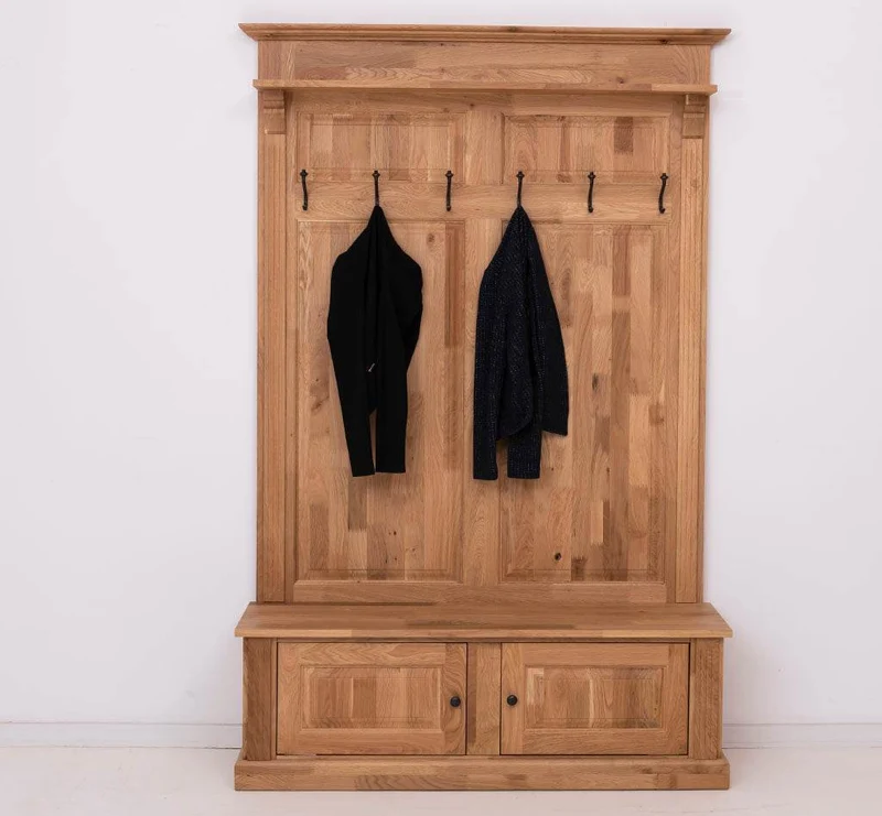 Garderobe aus massiver Eiche mit 6 Haken und 2 Staufächern