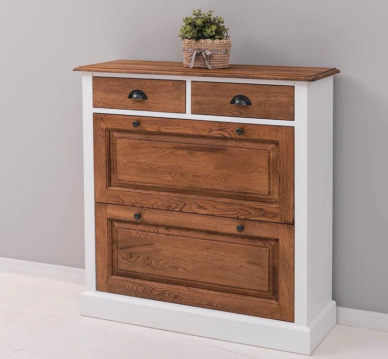 Landhaus Schuhschrank mit zwei Kippfächern aus massiver Eiche