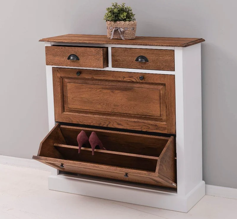 Landhaus Schuhschrank mit zwei Kippfächern aus massiver Eiche