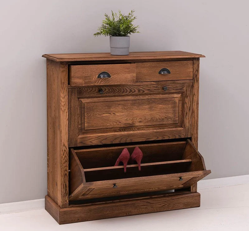 Landhaus Schuhschrank mit zwei Kippfächern aus massiver Eiche