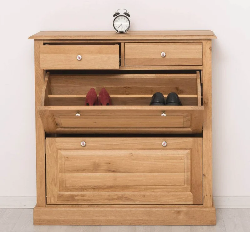 Landhaus Schuhschrank mit zwei Kippfächern aus massiver Eiche
