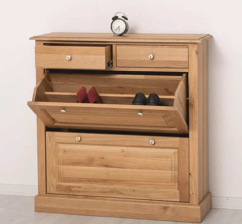 Landhaus Schuhschrank mit zwei Kippfächern aus massiver Eiche