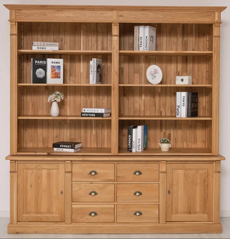 Bücherschrank aus massiver Eiche | Aktenschrank mit 6 Schubladen und 2 Türen