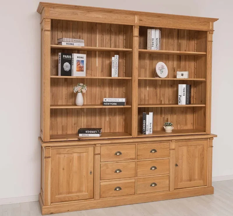 Bücherschrank aus massiver Eiche | Aktenschrank mit 6 Schubladen und 2 Türen