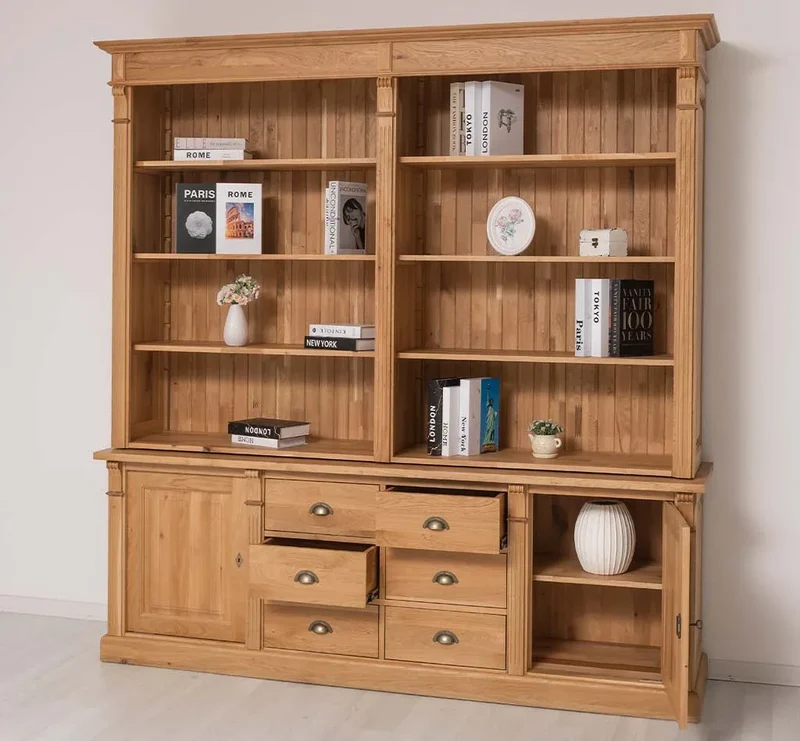 Bücherschrank aus massiver Eiche | Aktenschrank mit 6 Schubladen und 2 Türen