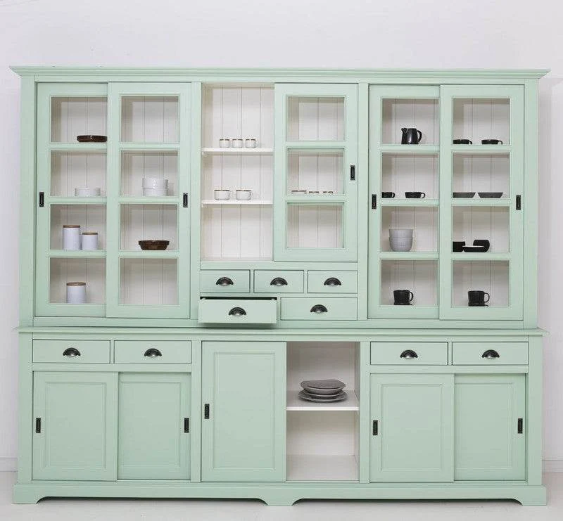 Großer Wohnzimmerschrank aus Massivholz | Buffet- und Geschirrschrank mit 12 Türen und 9 Schubladen | Vitrine mit Schiebetüren
