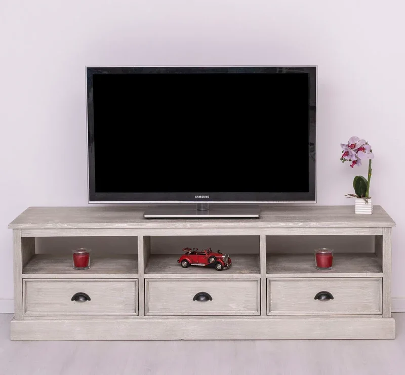 Großes TV-Board aus Massivholz mit drei Schubladen