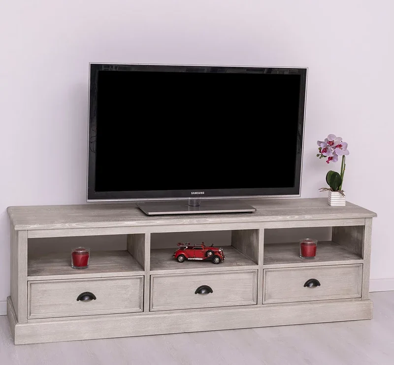 Großes TV-Board aus Massivholz mit drei Schubladen
