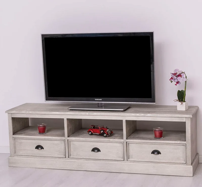 Großes TV-Board aus Massivholz mit drei Schubladen