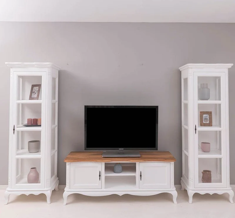 Wohnzimmerset bestehend aus TV-Board mit Eichenplatte und zwei Vitrinen aus Massivholz | Barock mit geschwungenen Beinen