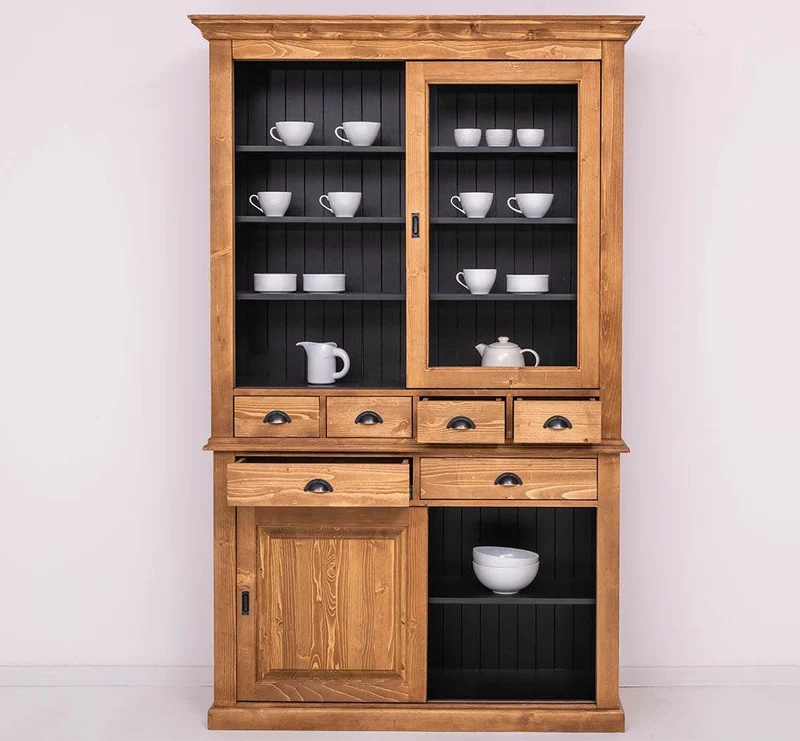 Geschirrschrank mit 4 Schiebetüren und 6 Schubladen | Vitrine aus Massivholz