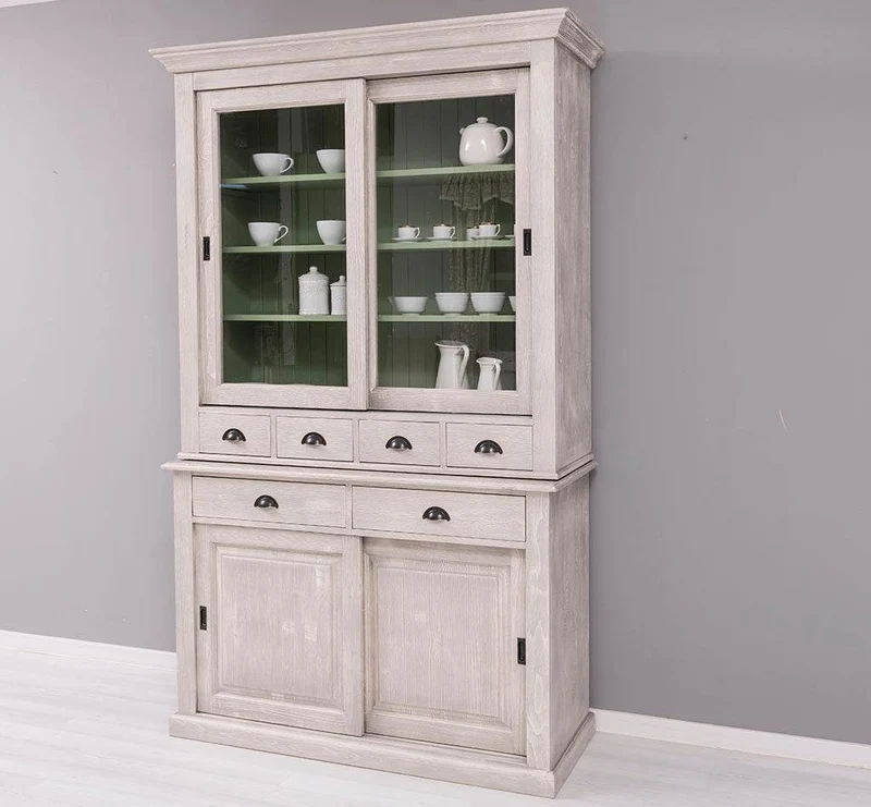 Geschirrschrank mit 4 Schiebetüren und 6 Schubladen | Vitrine aus Massivholz