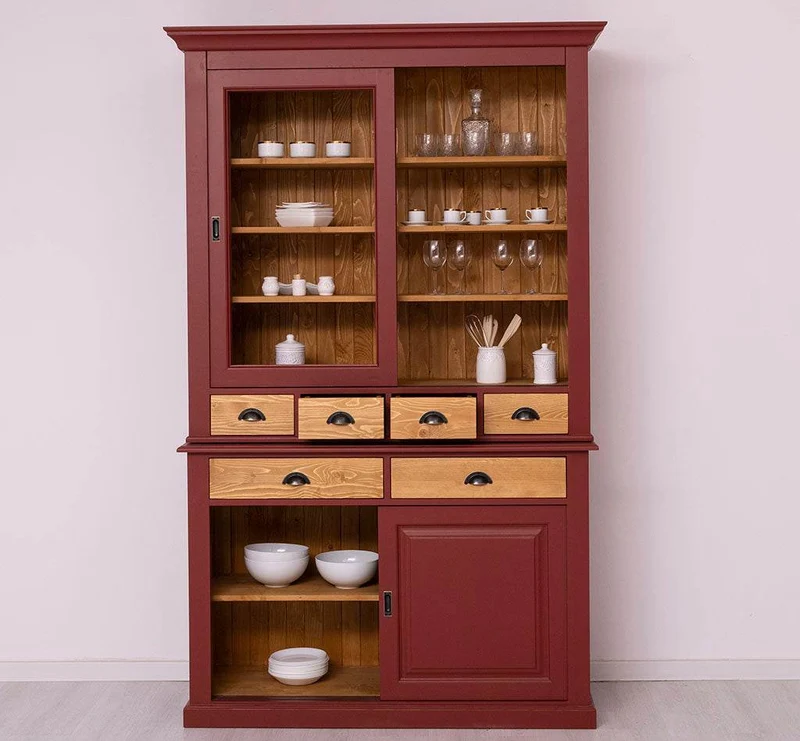 Geschirrschrank mit 4 Schiebetüren und 6 Schubladen | Vitrine aus Massivholz