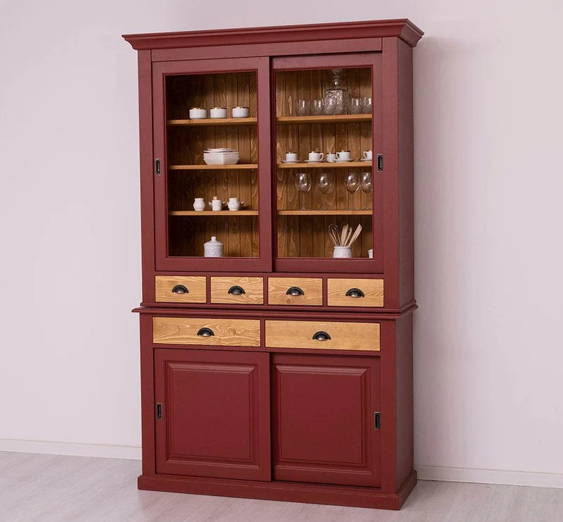 Geschirrschrank mit 4 Schiebetüren und 6 Schubladen | Vitrine aus Massivholz