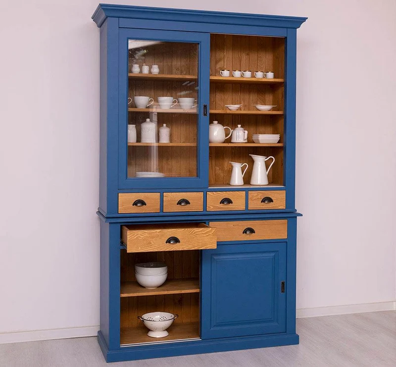 Geschirrschrank mit 4 Schiebetüren und 6 Schubladen | Vitrine aus Massivholz