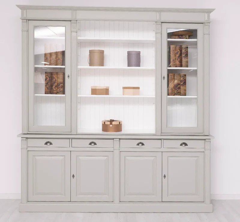 Regalschrank aus Massivholz | Bücherschrank mit 6 Türen und 4 Schubladen | Wohnzimmerschrank mit zwei verglasten Türen