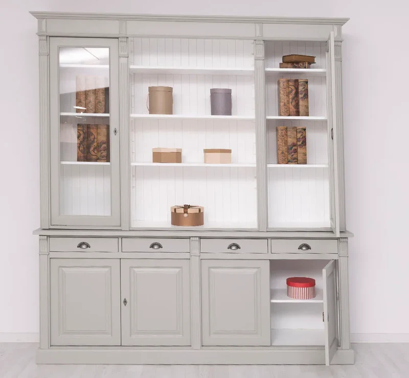 Regalschrank aus Massivholz | Bücherschrank mit 6 Türen und 4 Schubladen | Wohnzimmerschrank mit zwei verglasten Türen
