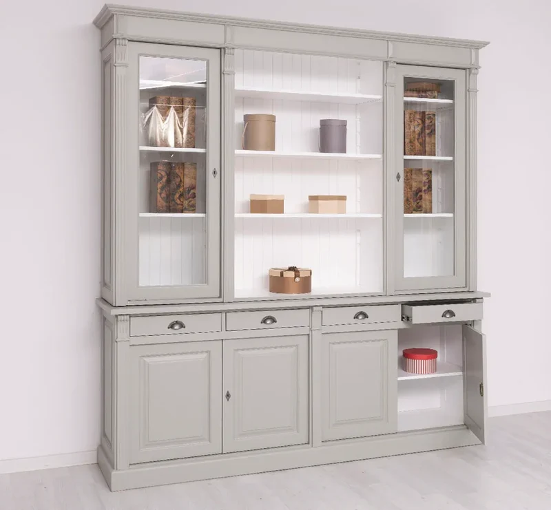 Regalschrank aus Massivholz | Bücherschrank mit 6 Türen und 4 Schubladen | Wohnzimmerschrank mit zwei verglasten Türen